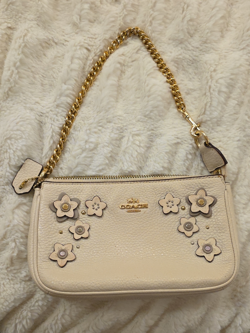 Coach Cream Floral Appliqué Leather Shoulder Bag with Gold Chain